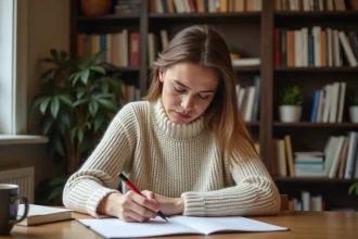 Femme corrigeant une faute d'orthographe sur une note manuscrite avec un stylo rouge dans un bureau à domicile