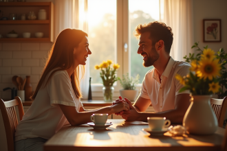 Couple heureux célébrant leur anniversaire de mariage à la maison