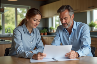 Couple d'adultes dans une cuisine moderne examinant des documents immobiliers