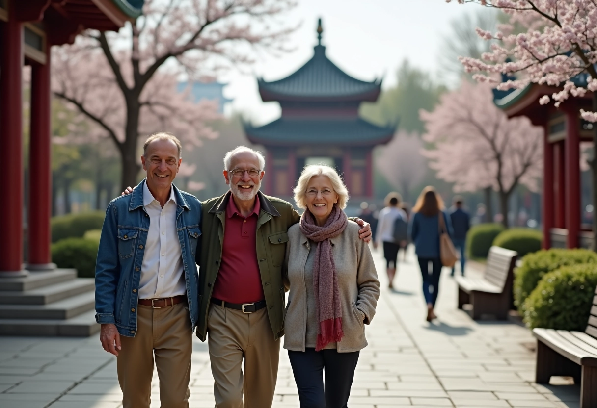 Couple français avec guide dans un parc asiatique en fleurs
