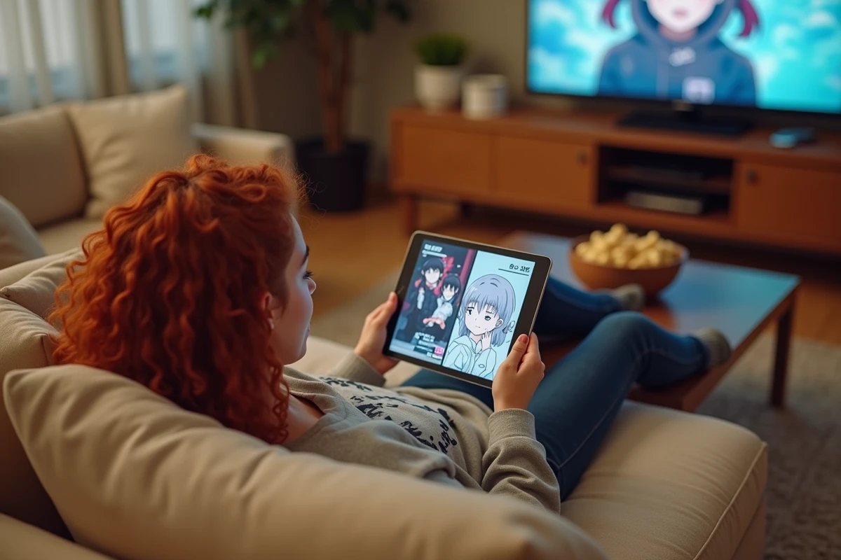 Jeune femme utilisant Crunchyroll Manga sur tablette dans son salon avec un anime en pause sur la télévision en arrière-plan