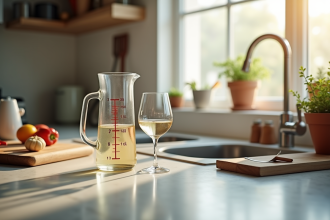 Scène de cuisine avec un verre mesureur de 150 ml sur un plan de travail lumineux