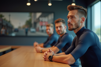 Cycliste professionnel en réunion dans un centre d'entraînement