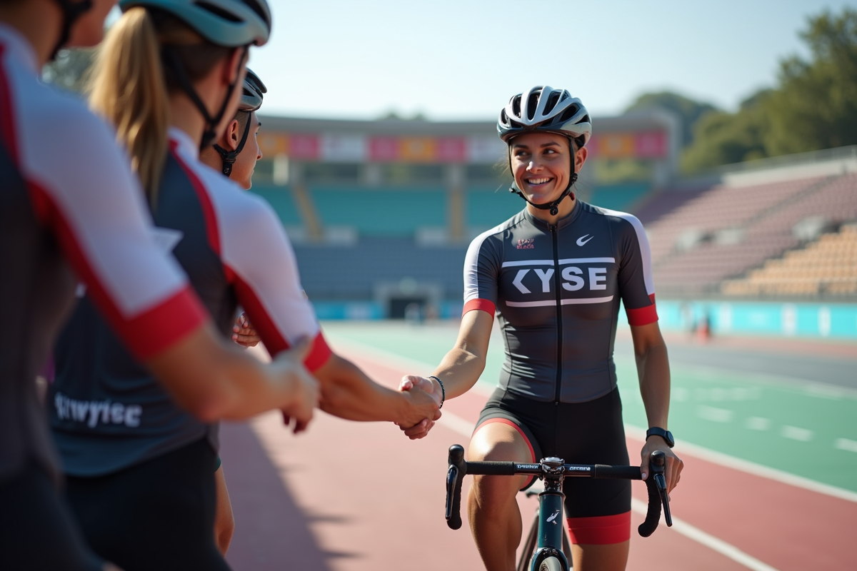 Femme cycliste saluant ses coéquipiers à l
