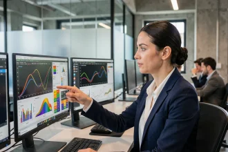 Chercheuse en data science analysant des métriques de performance de modèles ML comme la courbe précision-rappel sur plusieurs écrans dans un bureau moderne