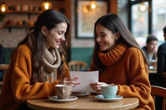Deux amies dans un café échangeant un message manuscrit, illustrant la différence entre une déclaration d'amitié sincère et un simple message sympa