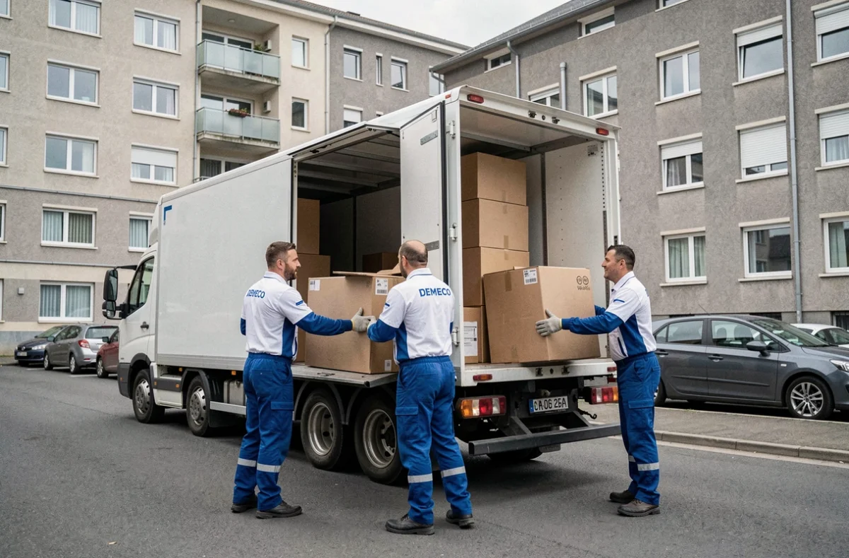 L'équipe Demeco décharge des cartons devant un immeuble à Charleville-Mézières dans les Ardennes