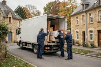 Une équipe de déménageurs professionnels charge un camion dans une rue résidentielle des Ardennes