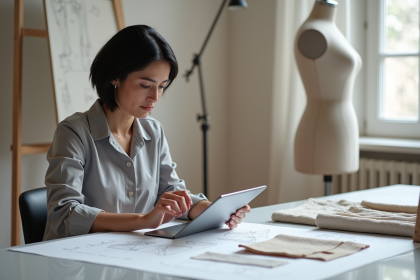 Femme en studio de mode utilisant une tablette pour design