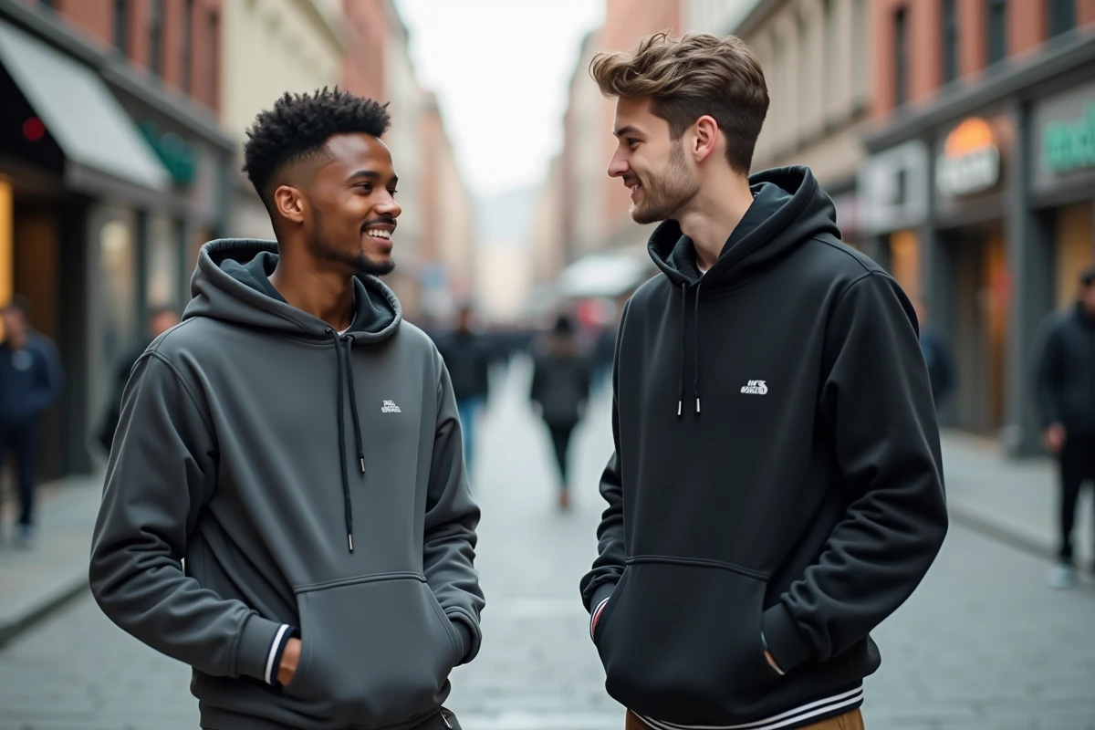 Comparaison de taille entre deux jeunes hommes en tenue streetwear dans une rue urbaine, illustrant une différence de stature visible