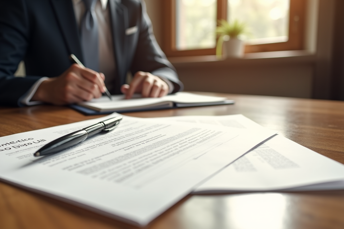 Document officiel en cours de signature sur un bureau lumineux