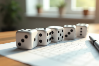 Cinq dés blancs alignés sur une table en bois avec une feuille de score Yahtzee