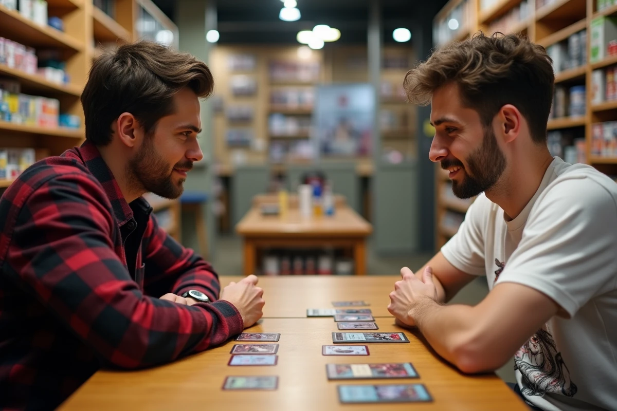 Deux joueurs adultes s'affrontant avec des decks Pokémon Pocket dans une boutique de jeux de cartes
