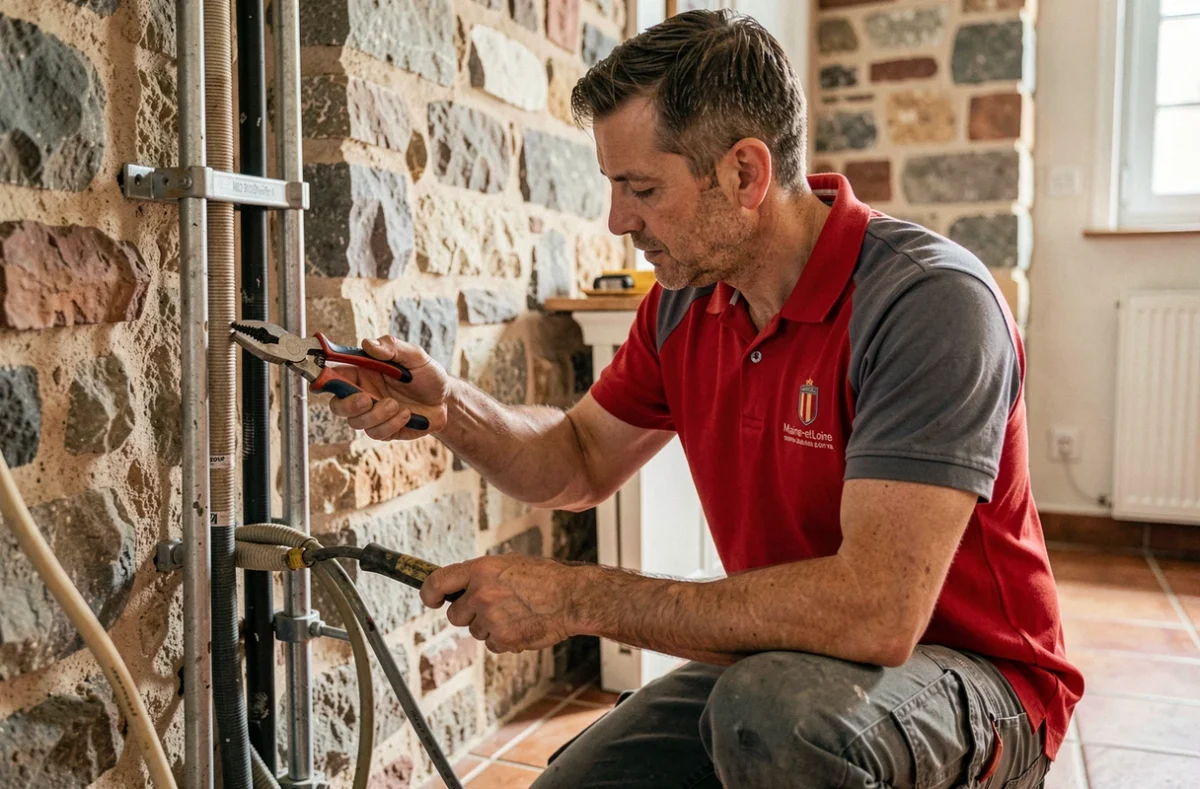 Technicien d'Elec'Tif, spécialiste en électricité dans le Maine-et-Loire, posant des conduits