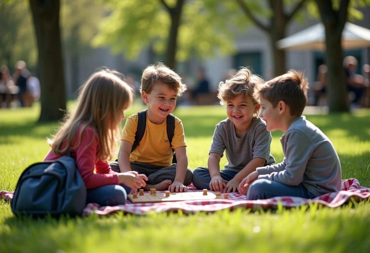 Enfants jouant à un jeu de société dans un parc toulousain