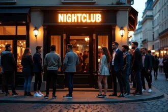Entrée d'une boîte de nuit dans le centre-ville de Lille avec des jeunes adultes faisant la queue sur les pavés