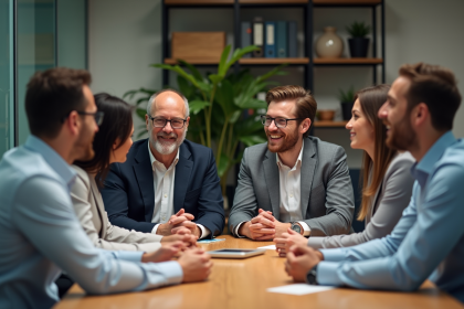 Groupe divers d'employes en réunion de travail en bureau