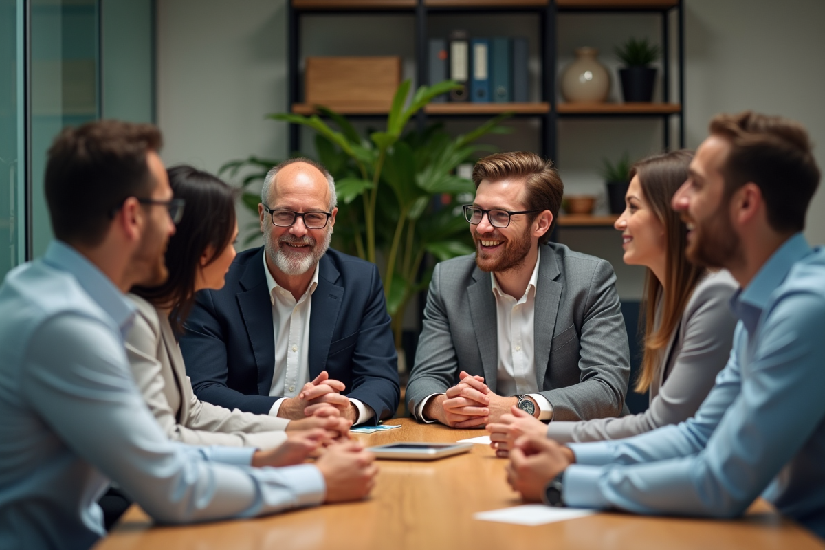 Groupe divers d'employes en réunion de travail en bureau