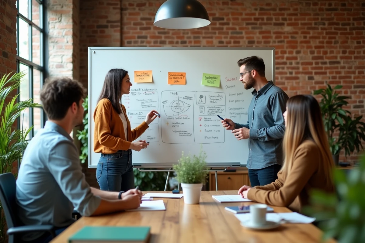 Équipe de professionnels collaborant autour d'un tableau blanc avec des méthodologies de réduction des émissions