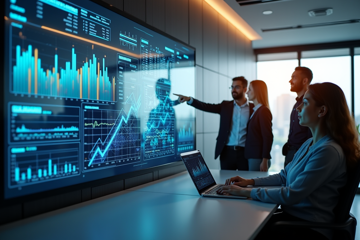 Groupe de professionnels dans un bureau moderne avec graphiques financiers