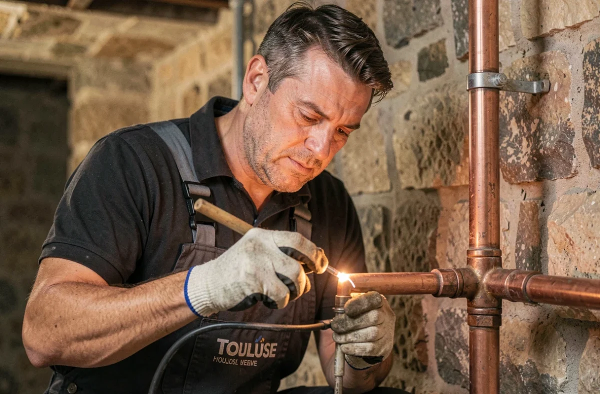 Plombier Ets Music Plomberie soudant un joint en cuivre dans une cave toulousaine aux murs en pierre