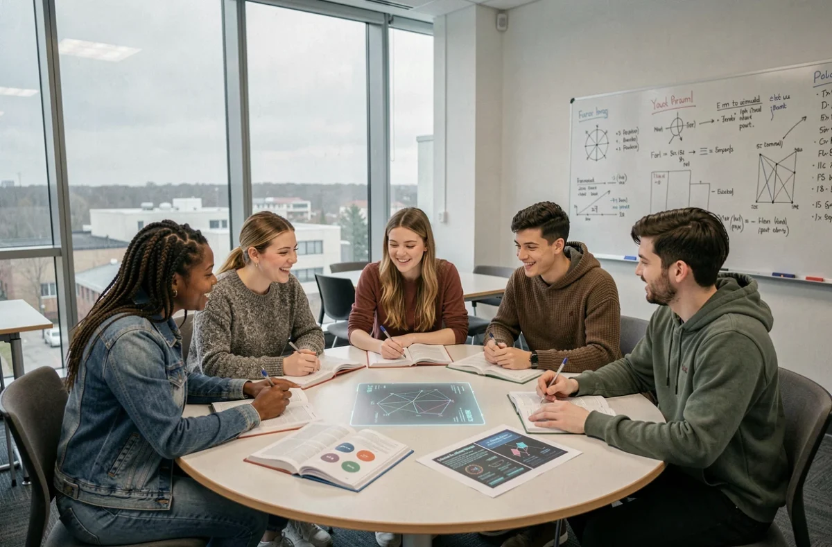 Groupe de jeunes étudiants divers en discussion autour d'une table dans une salle de classe moderne évoquant l'école du professeur Xavier