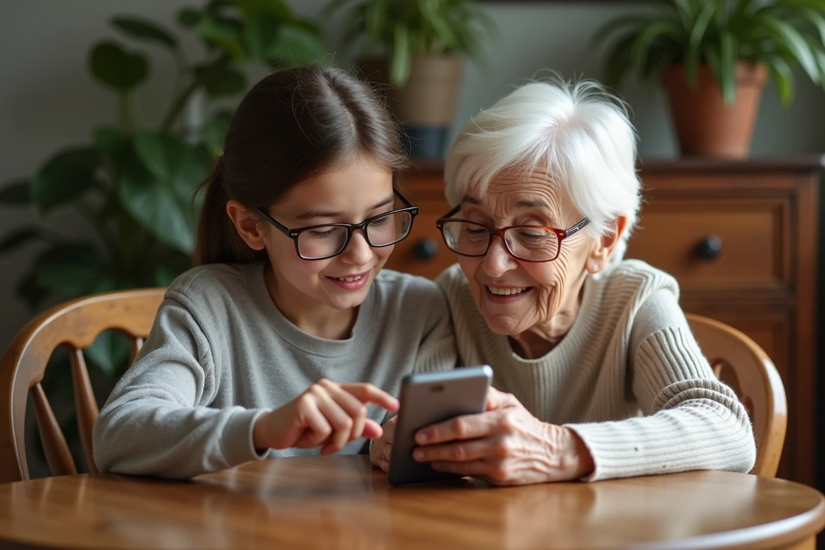 Adolescente et grand-mère jouant ensemble au jeu Motus sur smartphone à la maison