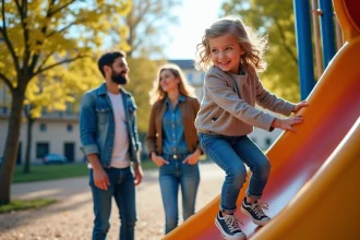 Famille souriante dans un parc de Toulouse avec aire de jeux
