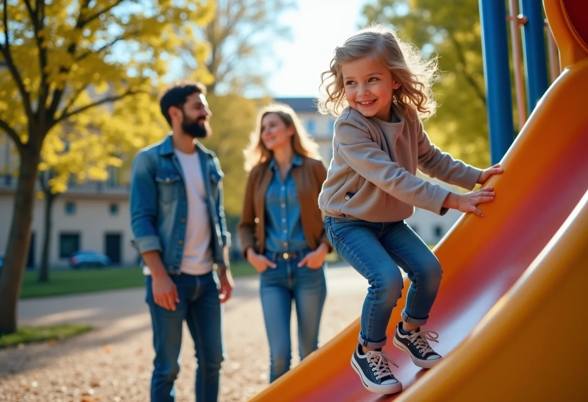Famille souriante dans un parc de Toulouse avec aire de jeux