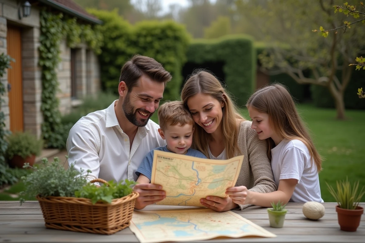 Famille planifiant leur week-end prolongé des fériés de mai 2026 autour d'une table de jardin avec un itinéraire imprimé
