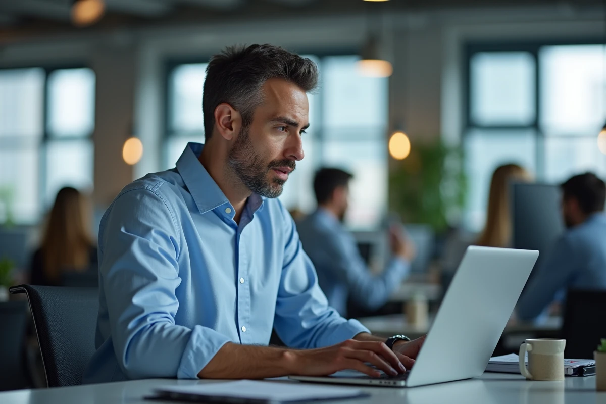 Homme au bureau remarquant une faute d'orthographe soulignée en rouge sur son écran d'ordinateur portable