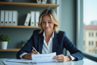 Femme d'affaires en réunion avec document avantages en nature