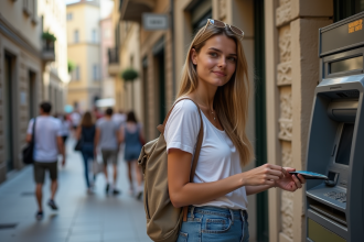 Jeune femme retirant de l'argent à un distributeur en ville