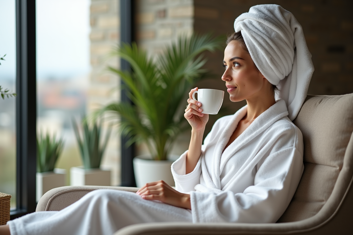 Jeune femme en peignoir blanc relaxant à Lyon