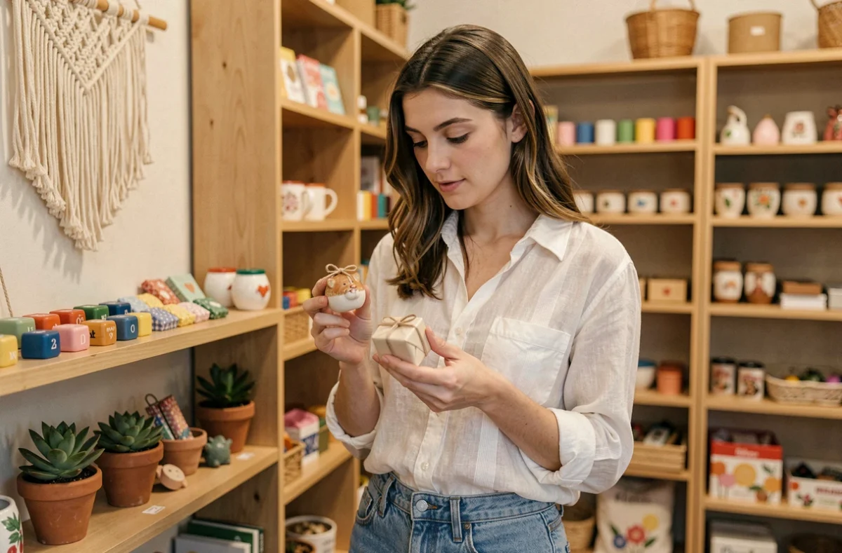Jeune femme dans une boutique de cadeaux originaux tenant un petit présent de 5 euros parmi une sélection d'articles artisanaux