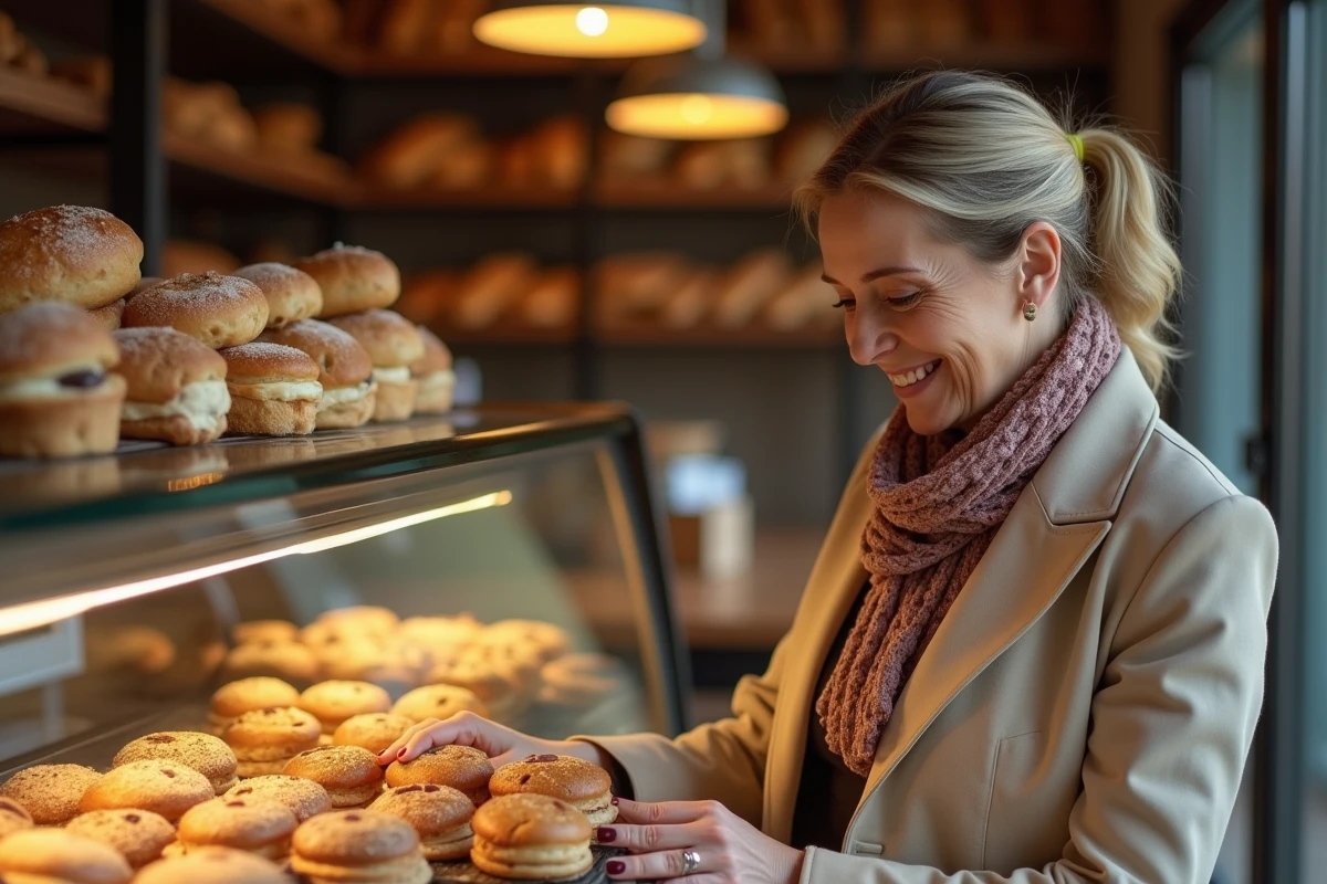 Femme examinant des pâtisseries dans une boutique traditionnelle