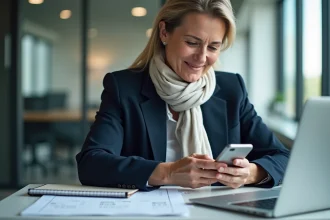Femme d'âge moyen regardant son smartphone avec un calendrier