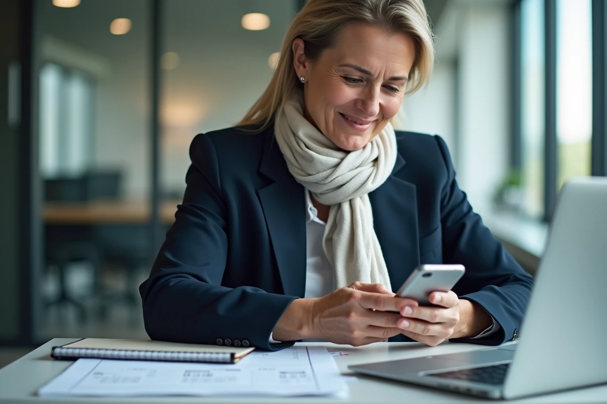 Femme d'âge moyen regardant son smartphone avec un calendrier