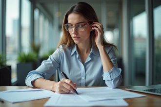 Femme en tenue professionnelle examine des documents au bureau