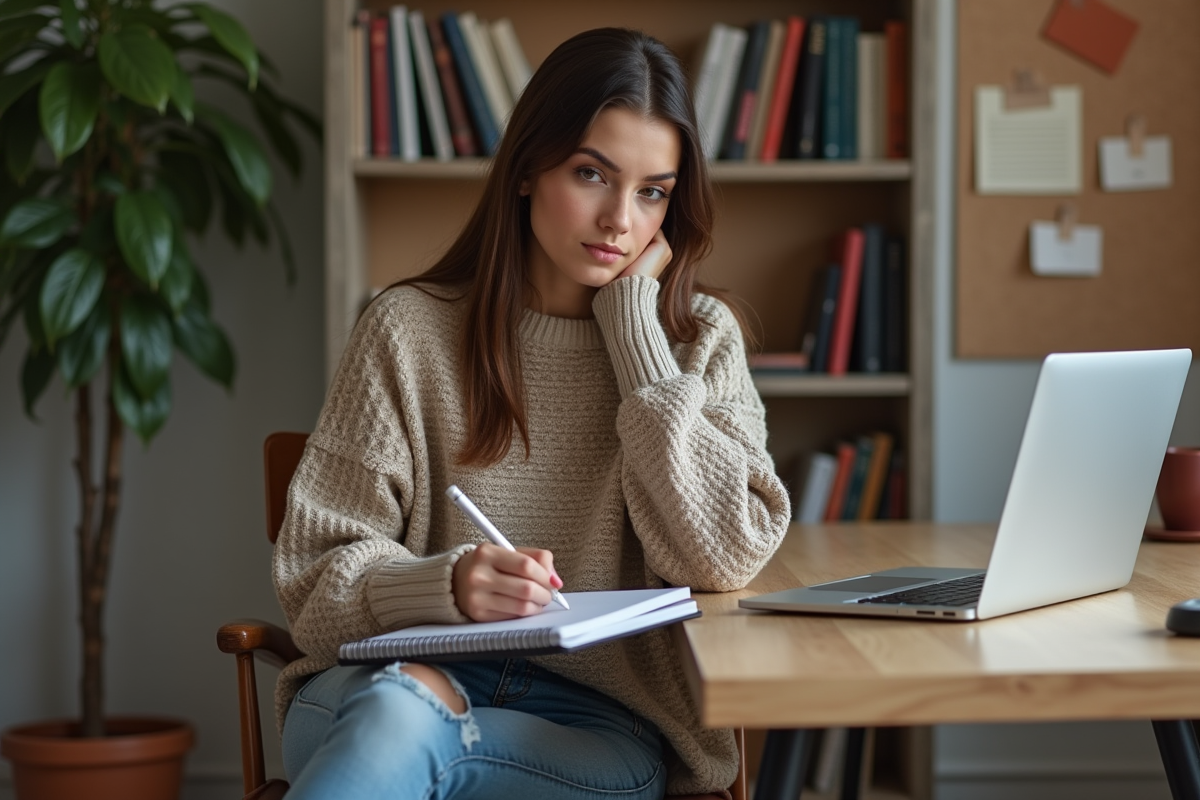 Jeune femme au bureau organisé en train de prendre des notes