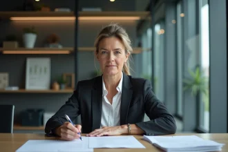 Femme en blazer dans un bureau moderne en pleine réflexion