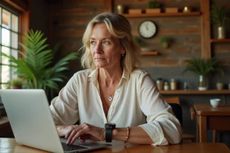 Femme française au café vérifiant sa montre analogique