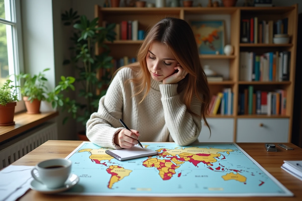 Jeune femme pointant une carte des fuseaux horaires à la maison