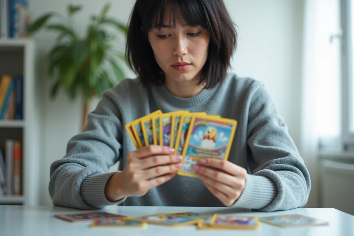 Femme adulte tenant des cartes Pokémon Pocket en éventail dans un appartement moderne et minimaliste