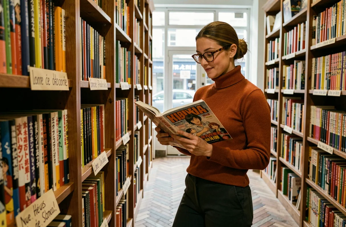 Jeune femme comparant des volumes de manga yaoi et boy's love dans une librairie indépendante spécialisée