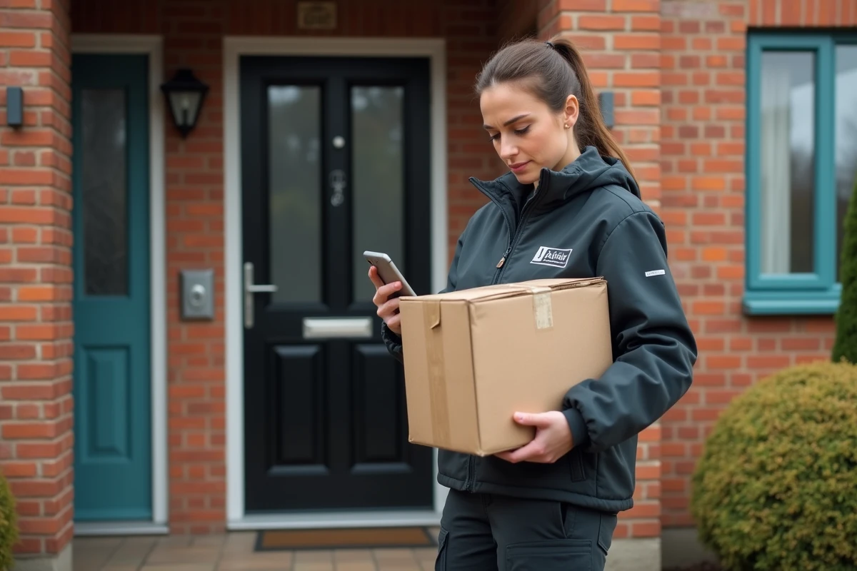 Femme livreuse tenant un colis devant une maison de banlieue