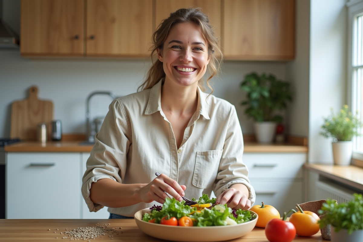 Jeune femme préparant une salade colorée dans la cuisine