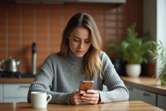 Femme tapant un SMS sur son téléphone dans une cuisine chaleureuse, représentant l'écriture quotidienne naturelle et attentionnée