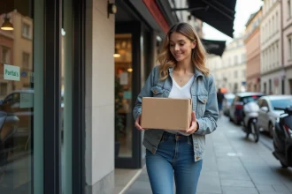 Femme envoie un colis à un kiosque postal en ville