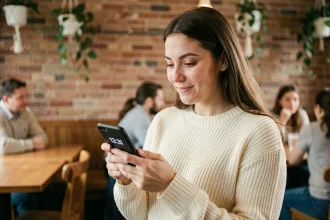 Femme regardant son téléphone affichant 13h31 dans un café, expression pensive et curieuse face à l'heure miroir